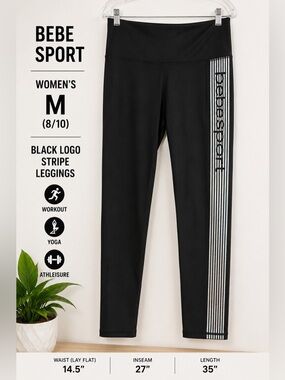 Bebe Sport Black Logo Stripe Leggings Women’s Medium Athleisure Yoga Pants
